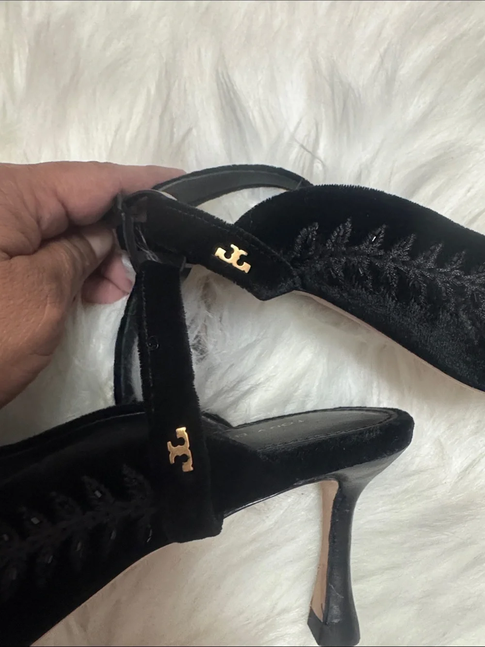 Tory Burch Black Velvet Pointed Slingback Heels with Bead Detail